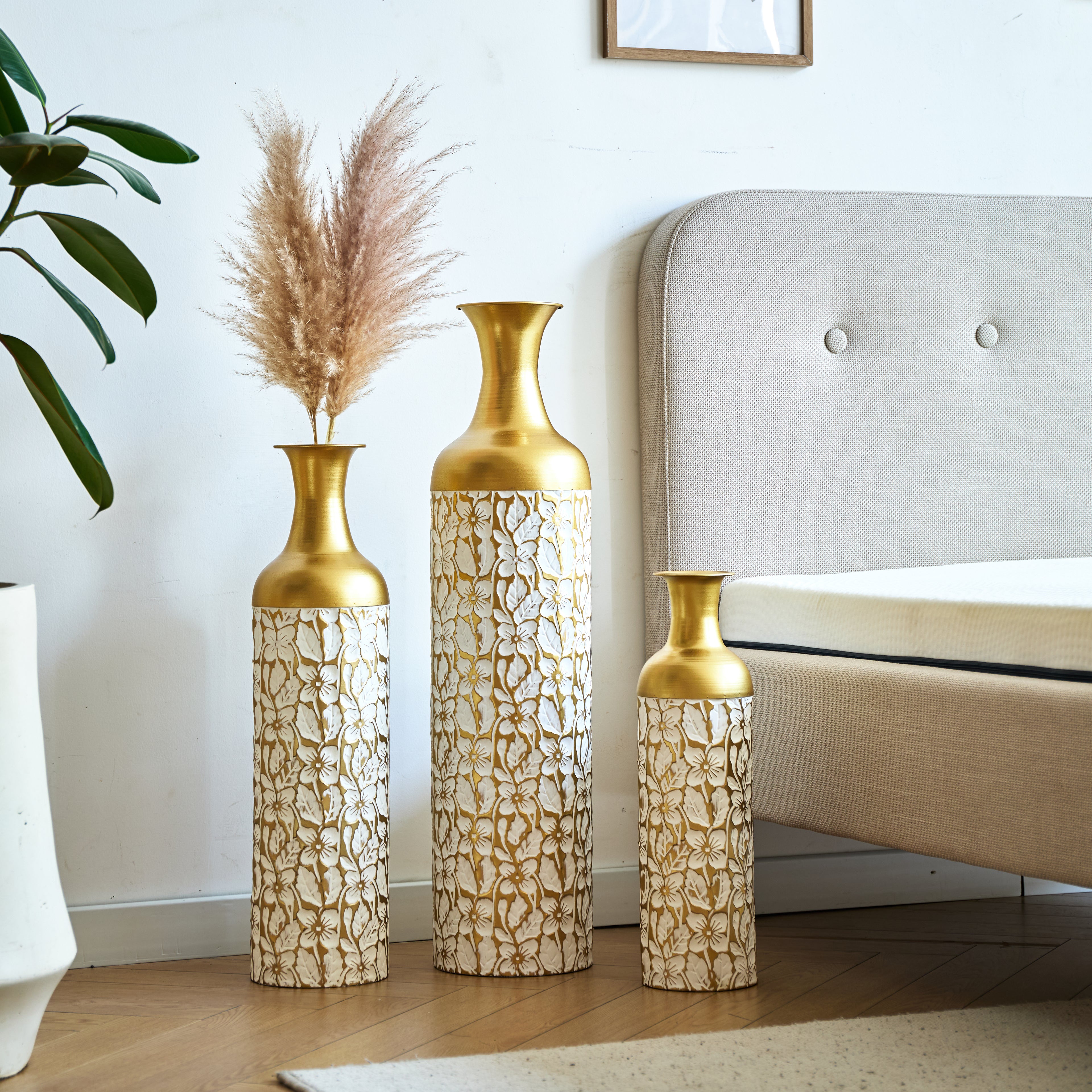 Floor vase set styled with pampas grass