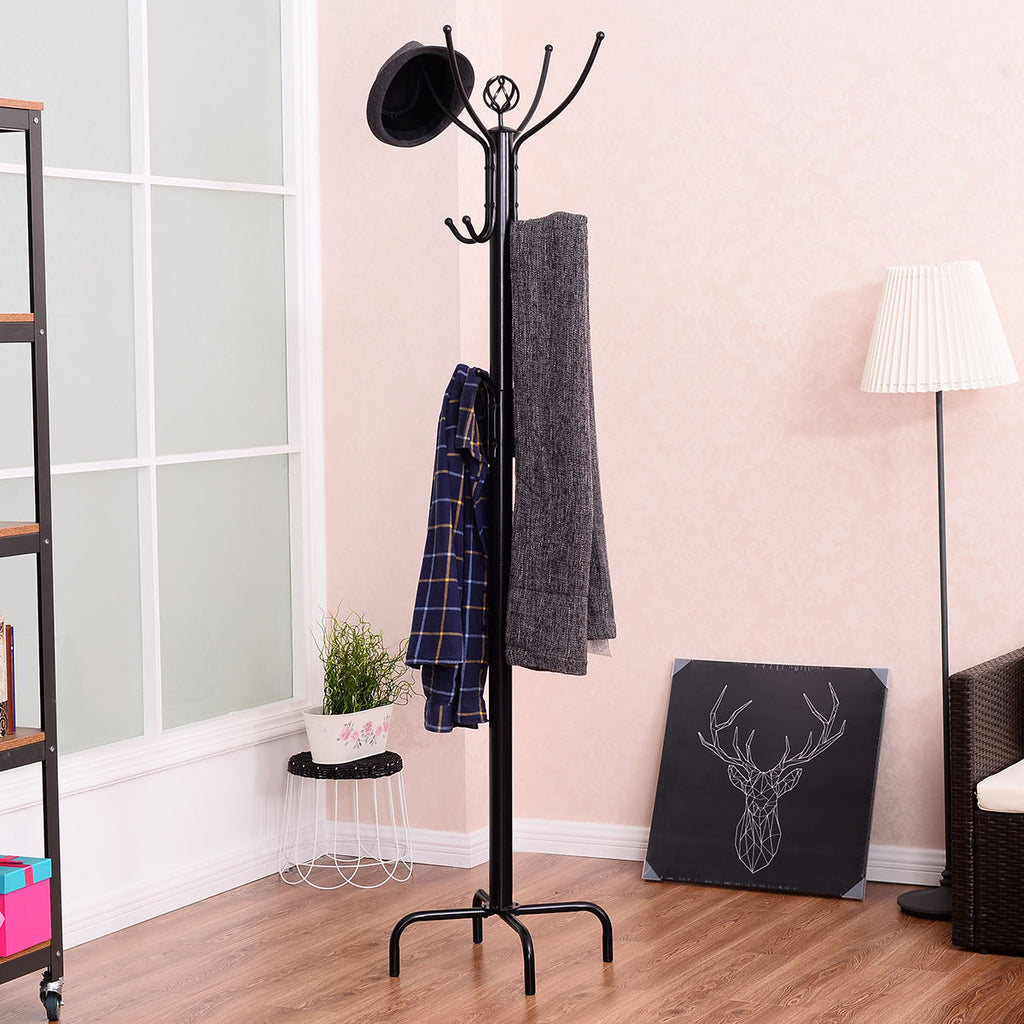 Black metal coat rack with 12 hooks in an entryway