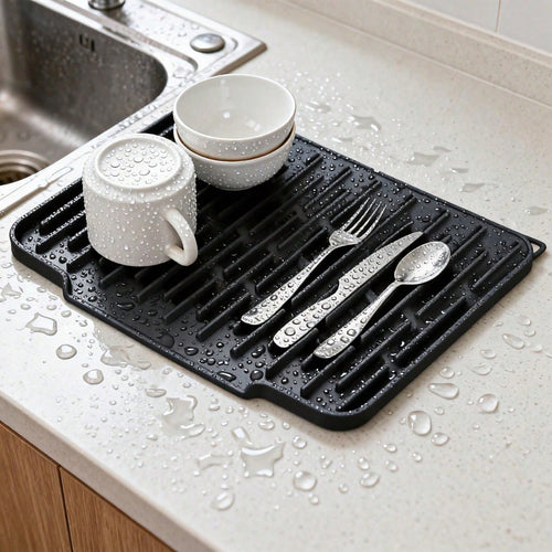 Silicone dish drying mat and trivet on a countertop